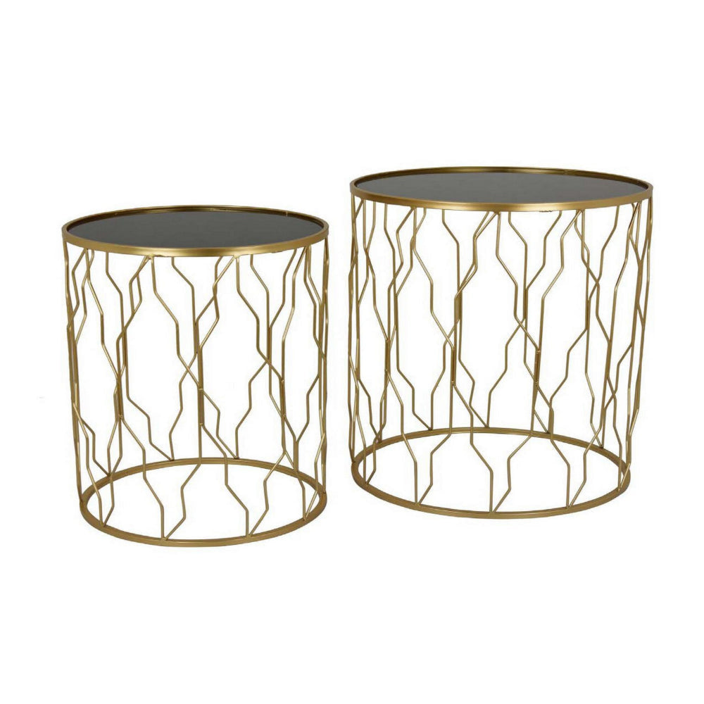 Kiko Accent Table Set of 2, Round Top, Unique Modern Shape, Gold Metal By Casagear Home