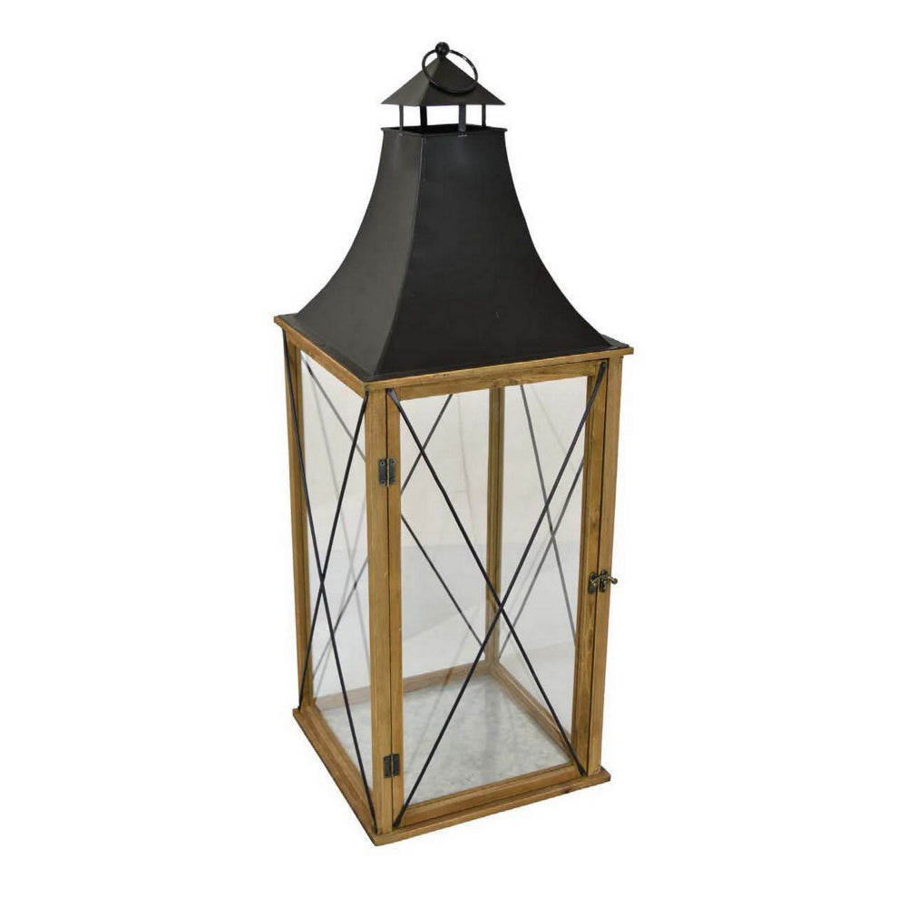 34 Inch Tabletop Decorative Lantern, Wood Frame, Glass Doors, Brown, Black By Casagear Home