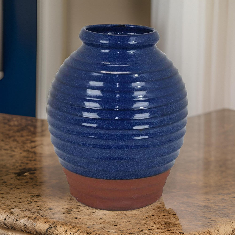 Kohl 15 Inch Decorative Vase, Pot Shape, Ceramic, Blue and Brown Finish By Casagear Home