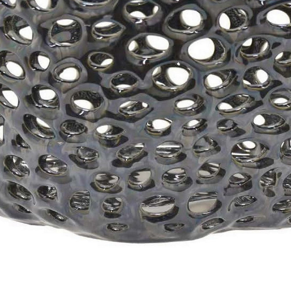 Hina 14 Inch Decorative Bowl Mesh Design Wavy Edges Ceramic Blue Finish By Casagear Home BM312697