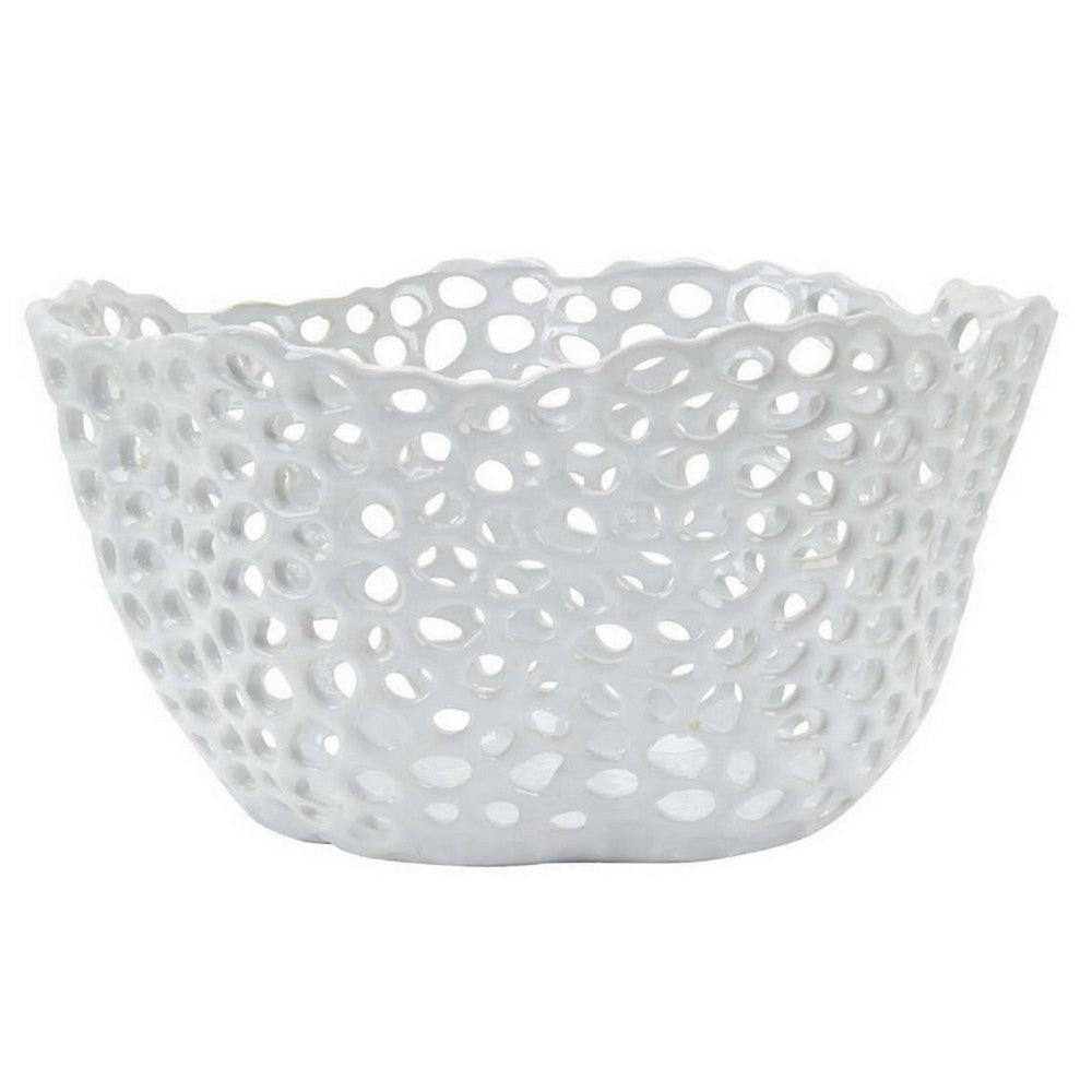 Hina 14 Inch Decorative Bowl Mesh Design Wavy Edges Ceramic White Finish By Casagear Home BM312699