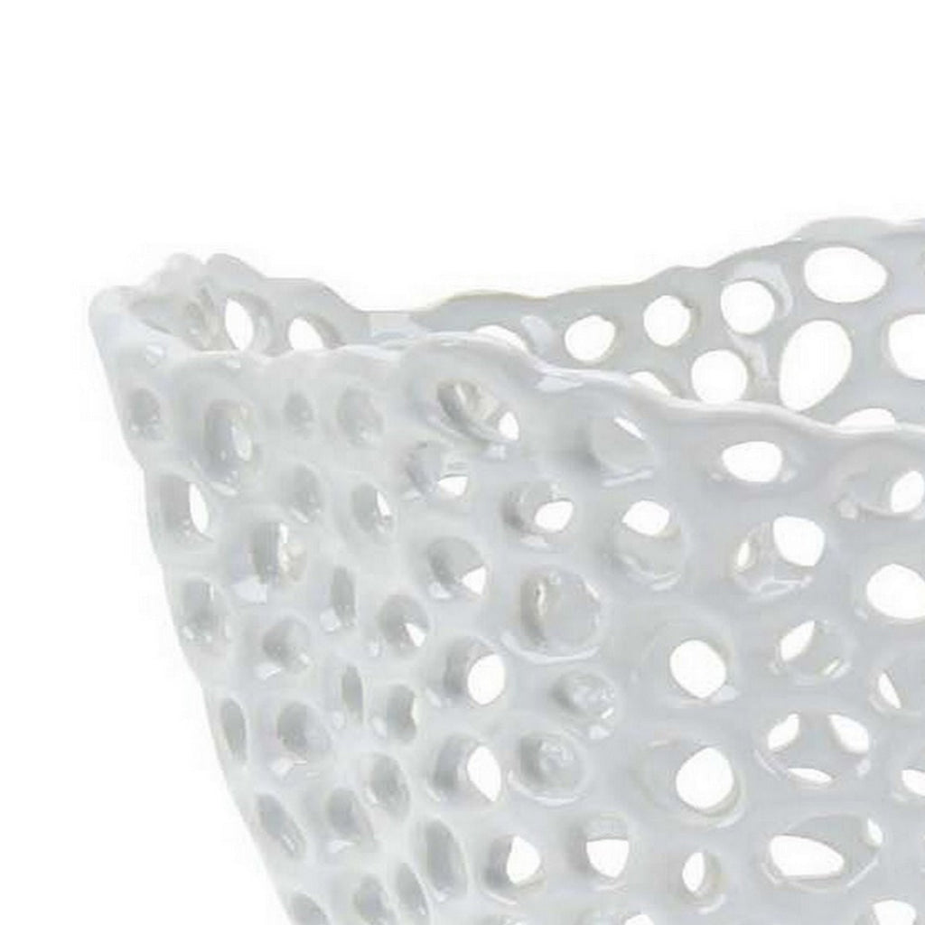 Hina 14 Inch Decorative Bowl Mesh Design Wavy Edges Ceramic White Finish By Casagear Home BM312699