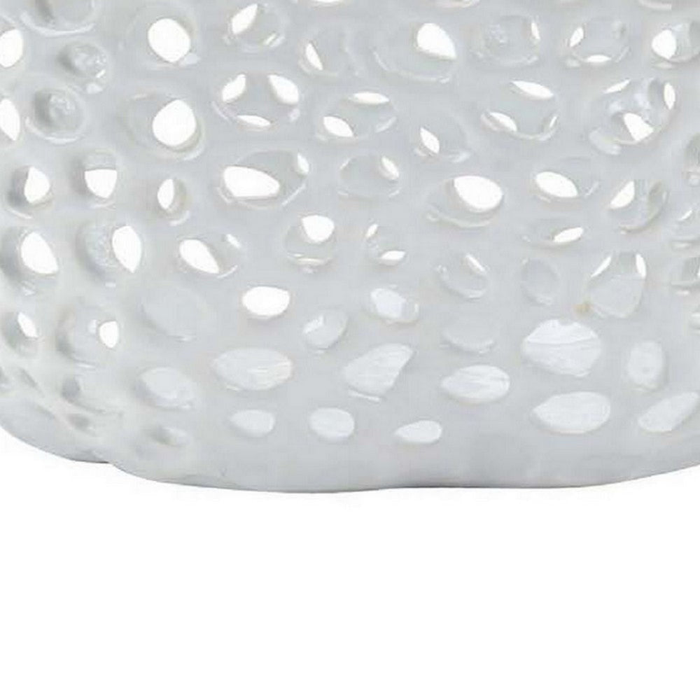 Hina 14 Inch Decorative Bowl Mesh Design Wavy Edges Ceramic White Finish By Casagear Home BM312699