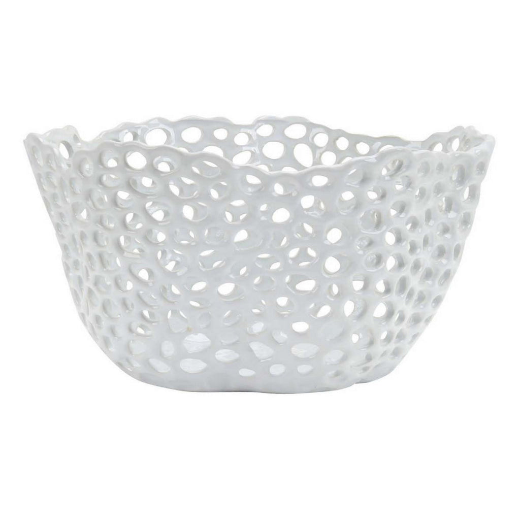 Hina 14 Inch Decorative Bowl Mesh Design Wavy Edges Ceramic White Finish By Casagear Home BM312699