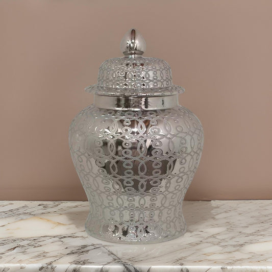 25 Inch Temple Jar, Ceramic Construction, Removable Lid, Silver Finish By Casagear Home