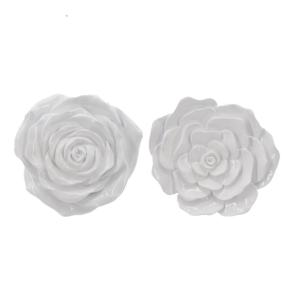 Dazzle 7, 8 Inch Rose Hanging Wall Accent Set of 2, White Resin 3 Dimensional By Casagear Home