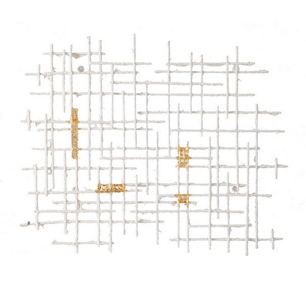 Rio 32 Inch Wall Art Decor White and Gold Geometric Abstract Design Iron By Casagear Home BM312732