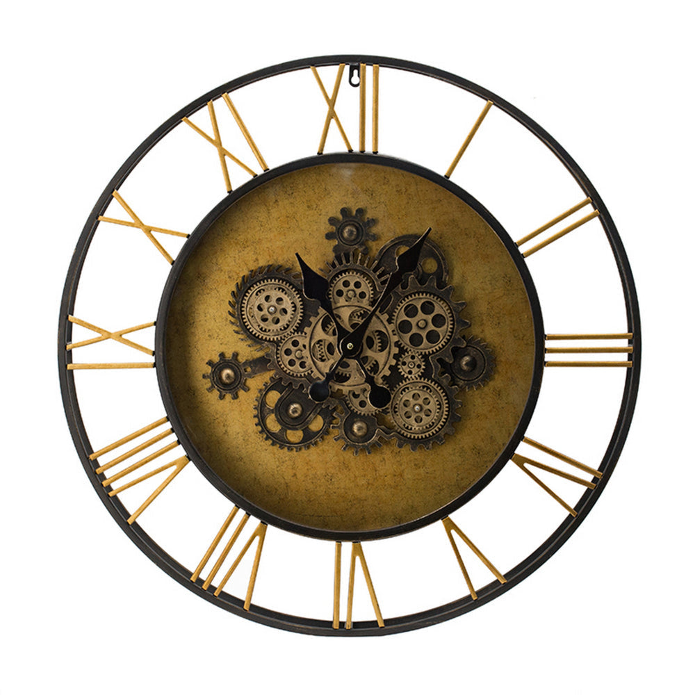 28 Inch Hanging Wall Clock, Round Gear Design, Gold and Black Iron Frame By Casagear Home