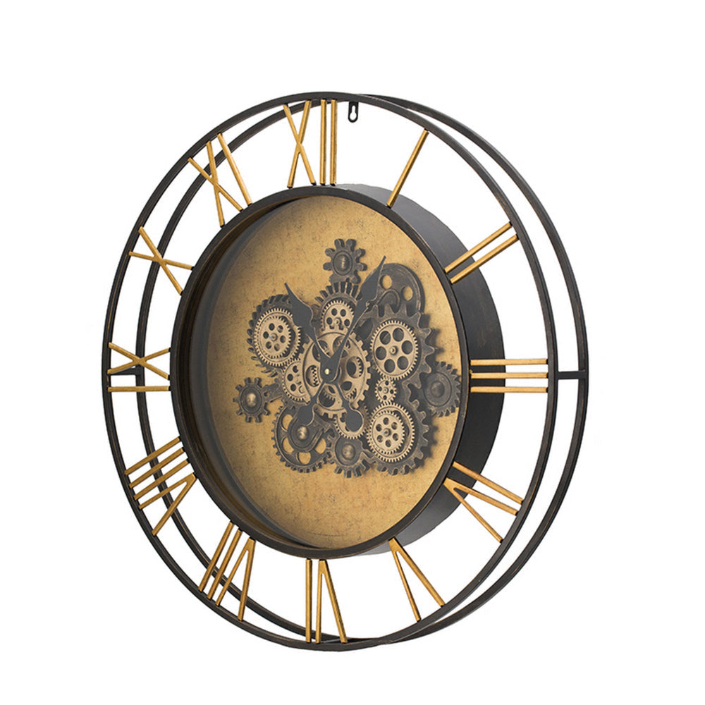 28 Inch Hanging Wall Clock Round Gear Design Gold and Black Iron Frame By Casagear Home BM312735