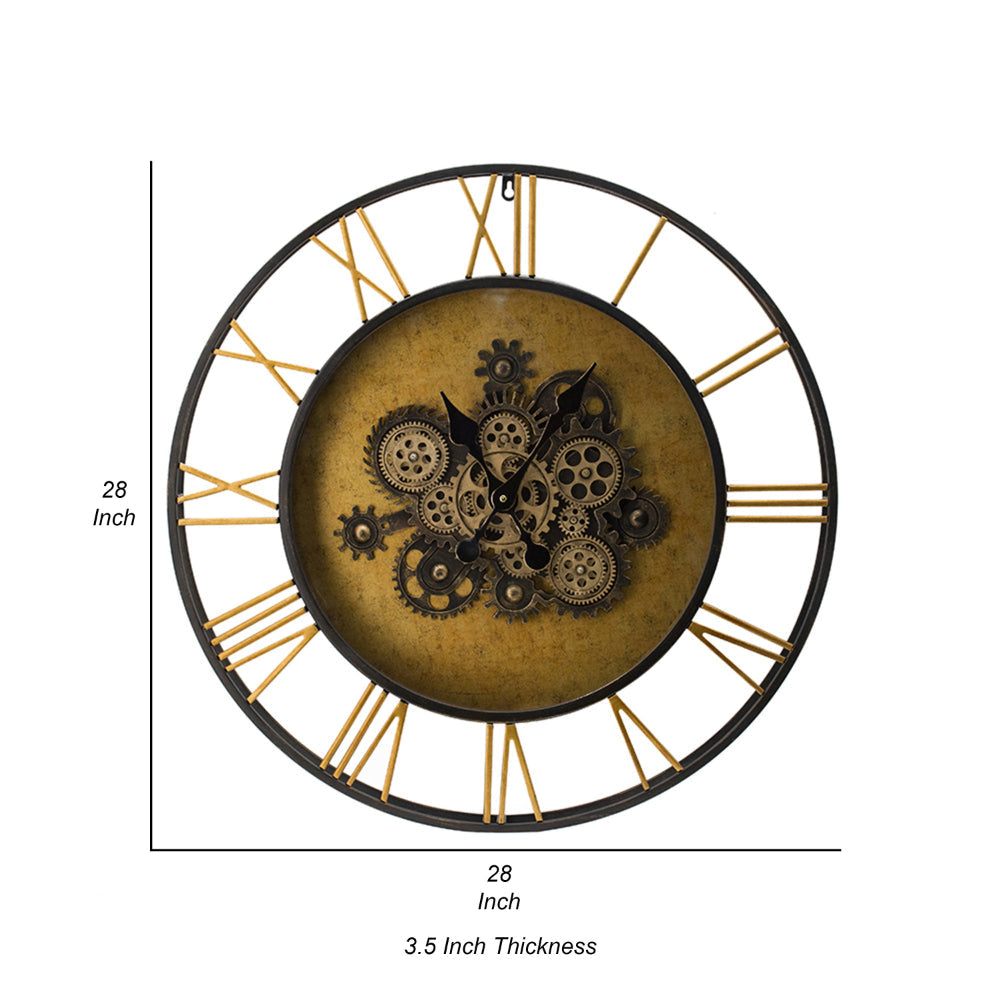 28 Inch Hanging Wall Clock Round Gear Design Gold and Black Iron Frame By Casagear Home BM312735