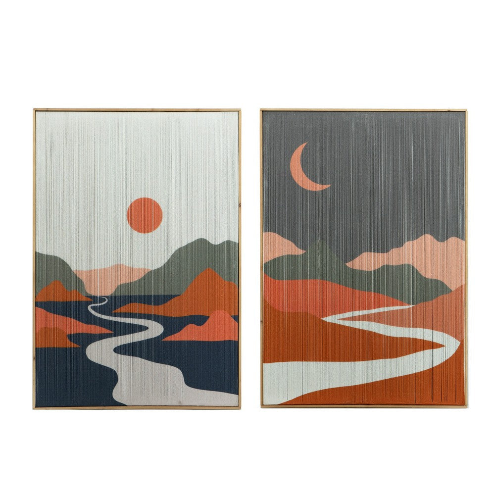 27 x 38 Wall Art Set of 2 Day and Night Design Fir Wood Orange Gray By Casagear Home BM312741