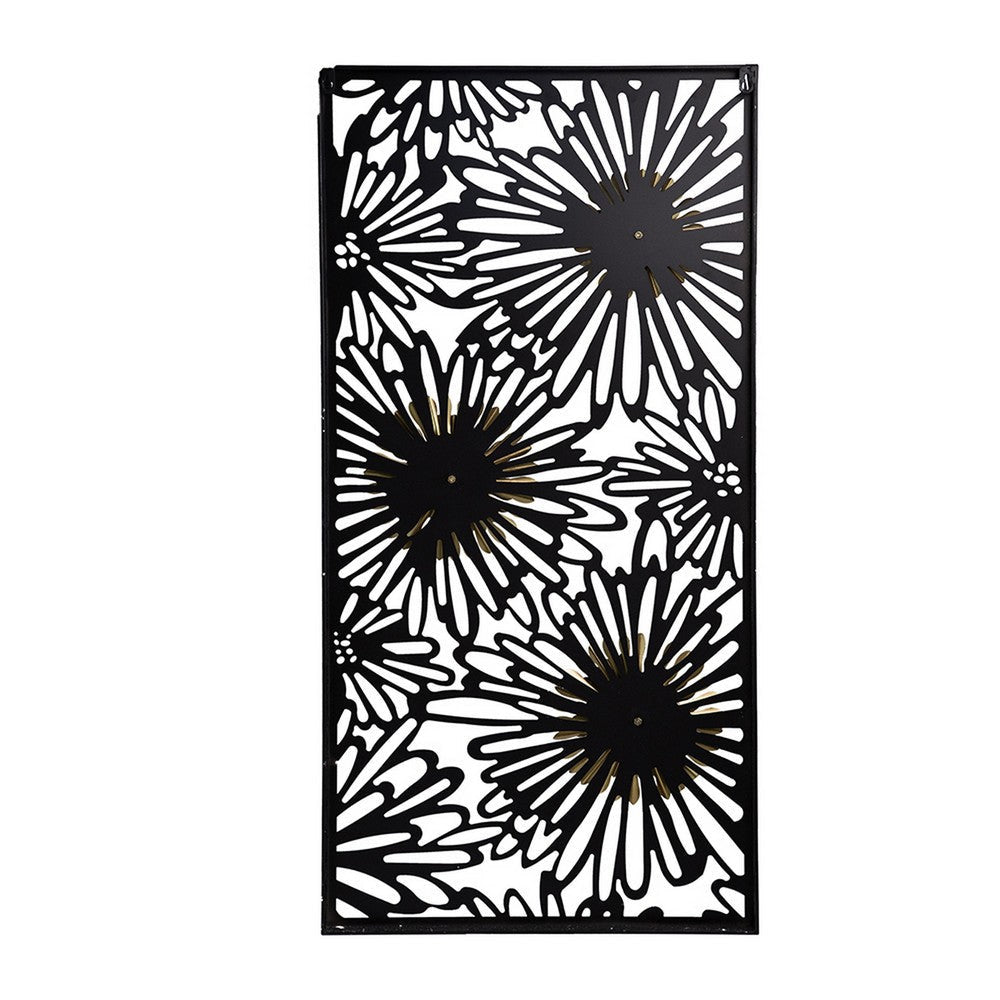 39 Inch Wall Art Decor Rectangular Flower Bloom Design Black Gold Iron By Casagear Home BM312746