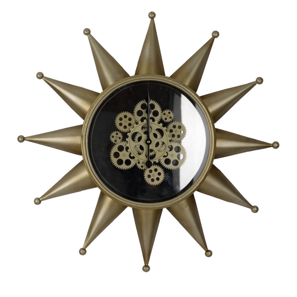 28 Inch Hanging Wall Clock Sunlike Star Gear Design Iron Gold and Black By Casagear Home BM312747