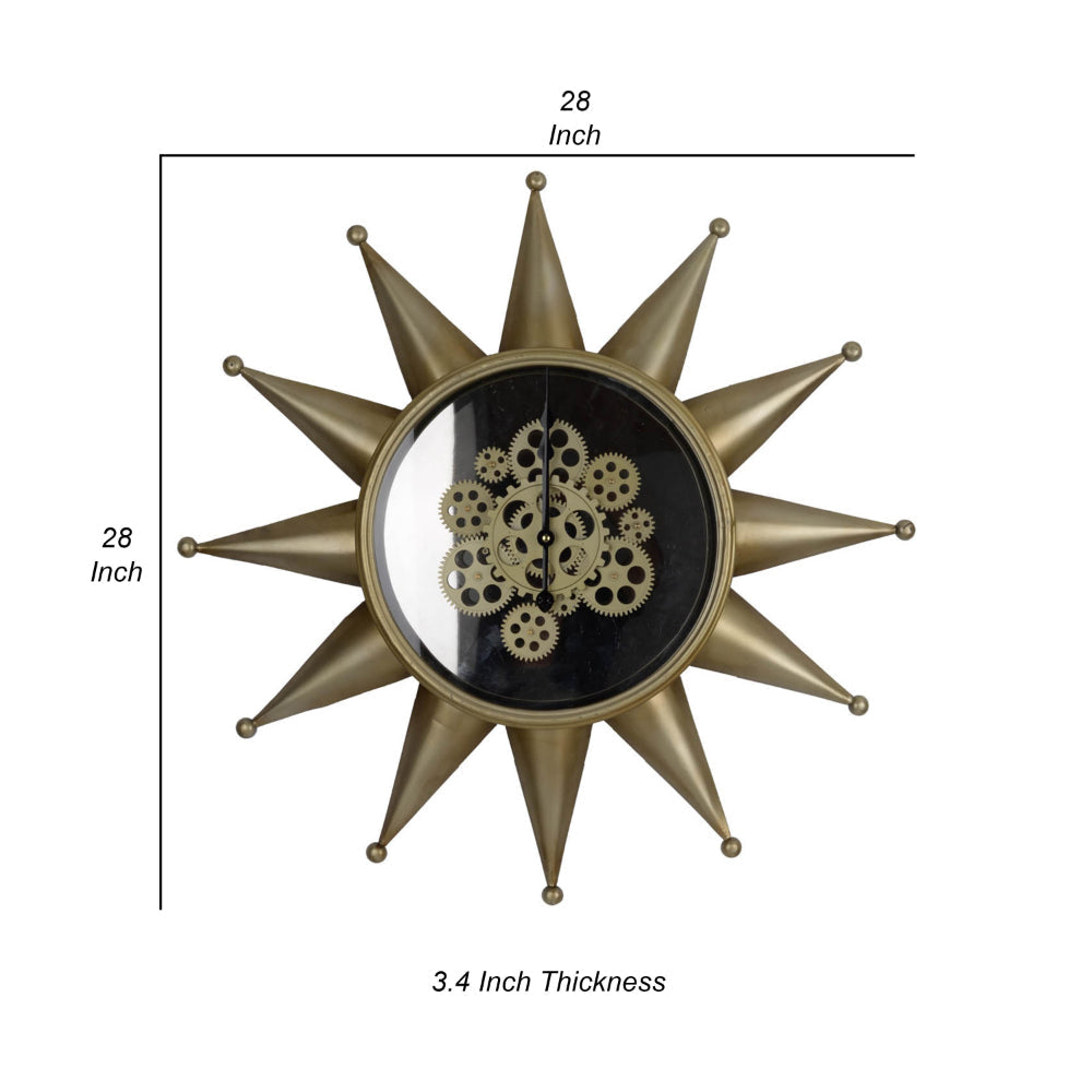 28 Inch Hanging Wall Clock Sunlike Star Gear Design Iron Gold and Black By Casagear Home BM312747