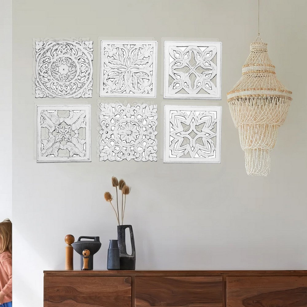 12 x 12 Wall Art Panel Set of 6, Intricate Carved Sculpture, White Finish By Casagear Home