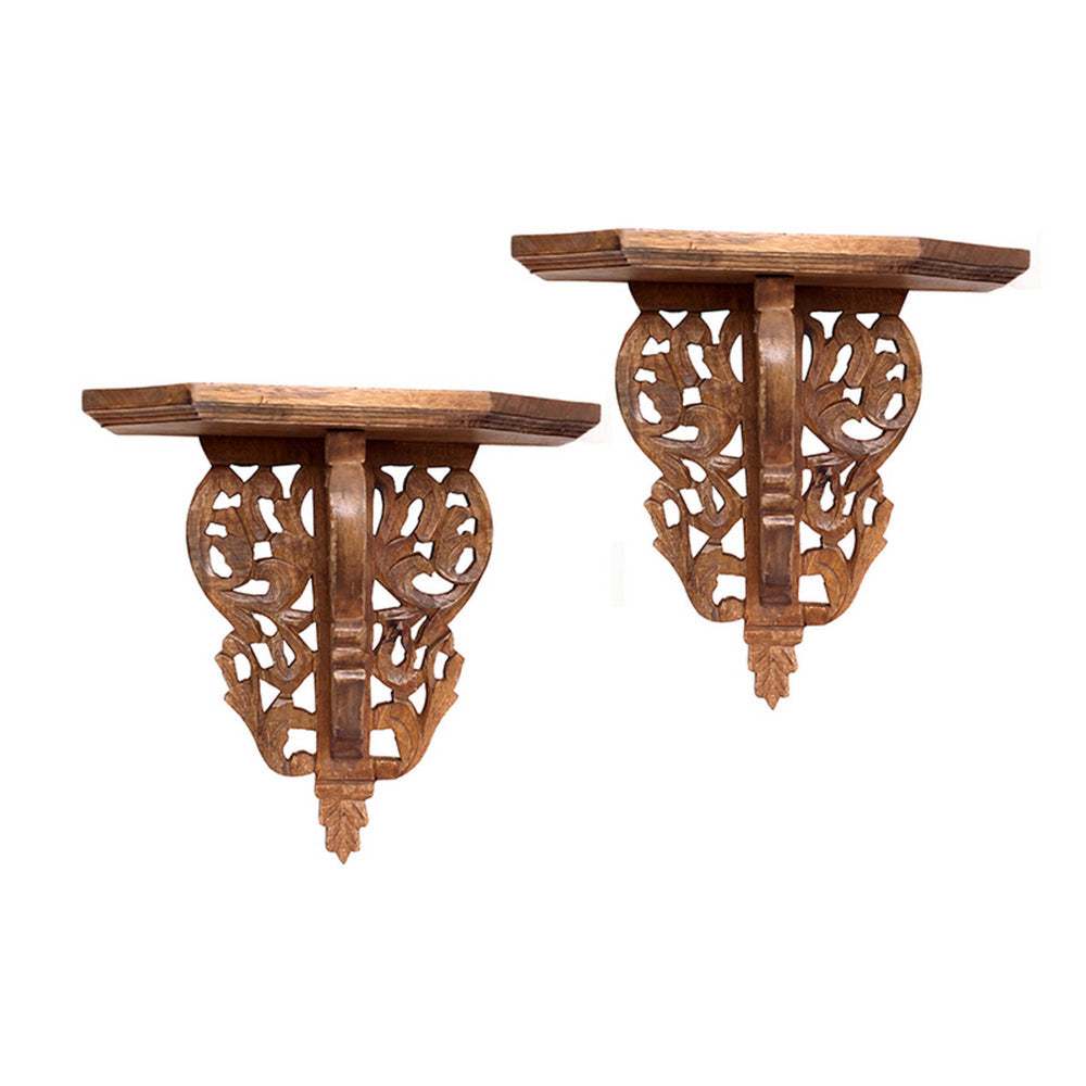 14 Inch Wall Shelf Set of 2, Carved Design, Natural Brown Mango Wood Finish By Casagear Home