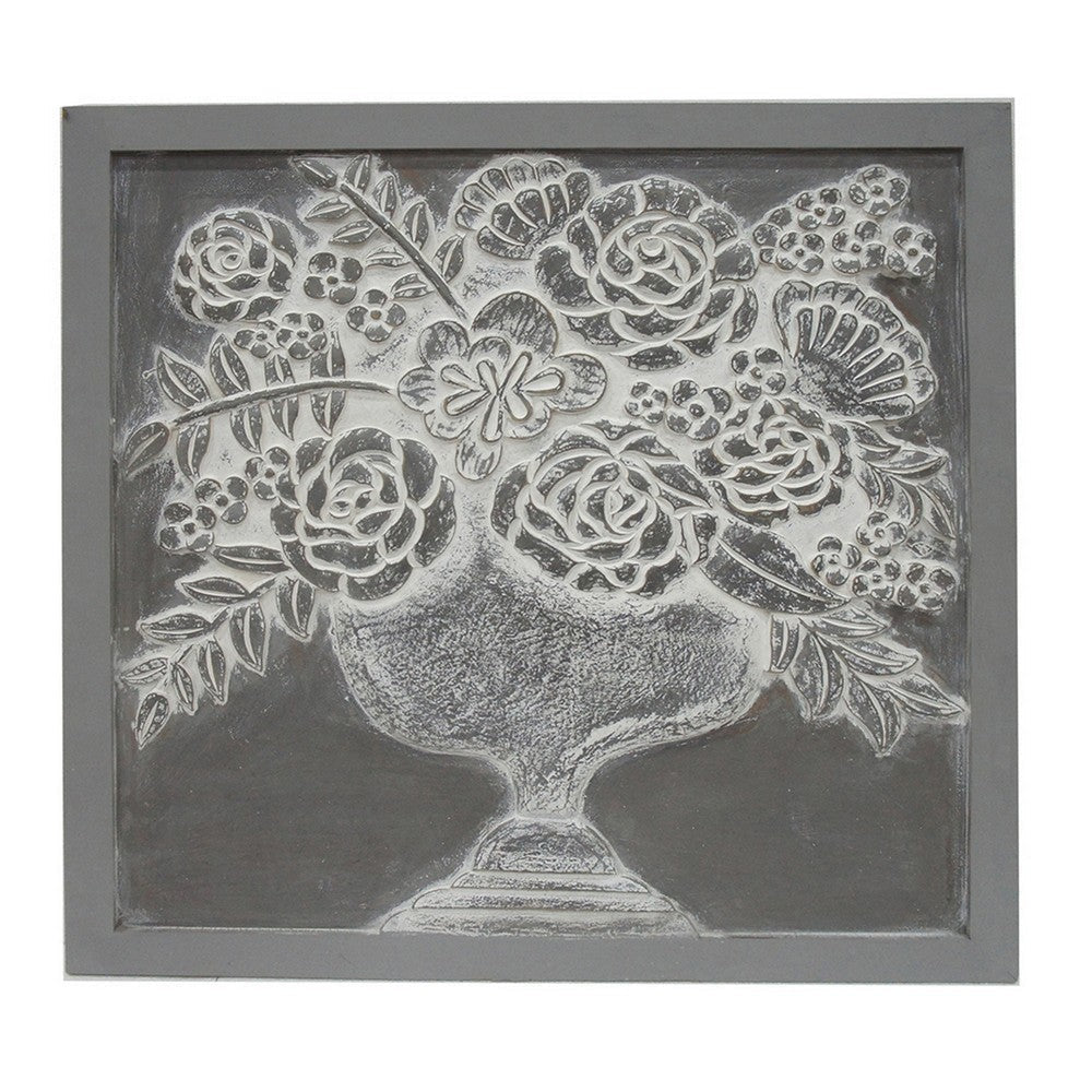 36x36 Inch Wall Art Panel Carved Flower Vase Design Gray White Wood By Casagear Home BM312765