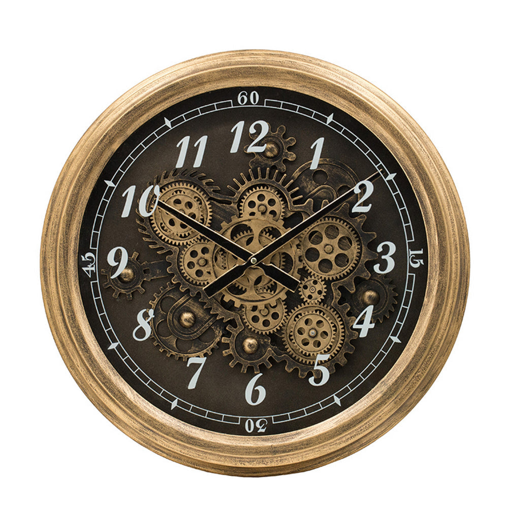 21 Inch Round Wall Clock, Gear Design, Numbered Analog, Gold Bronze Iron By Casagear Home