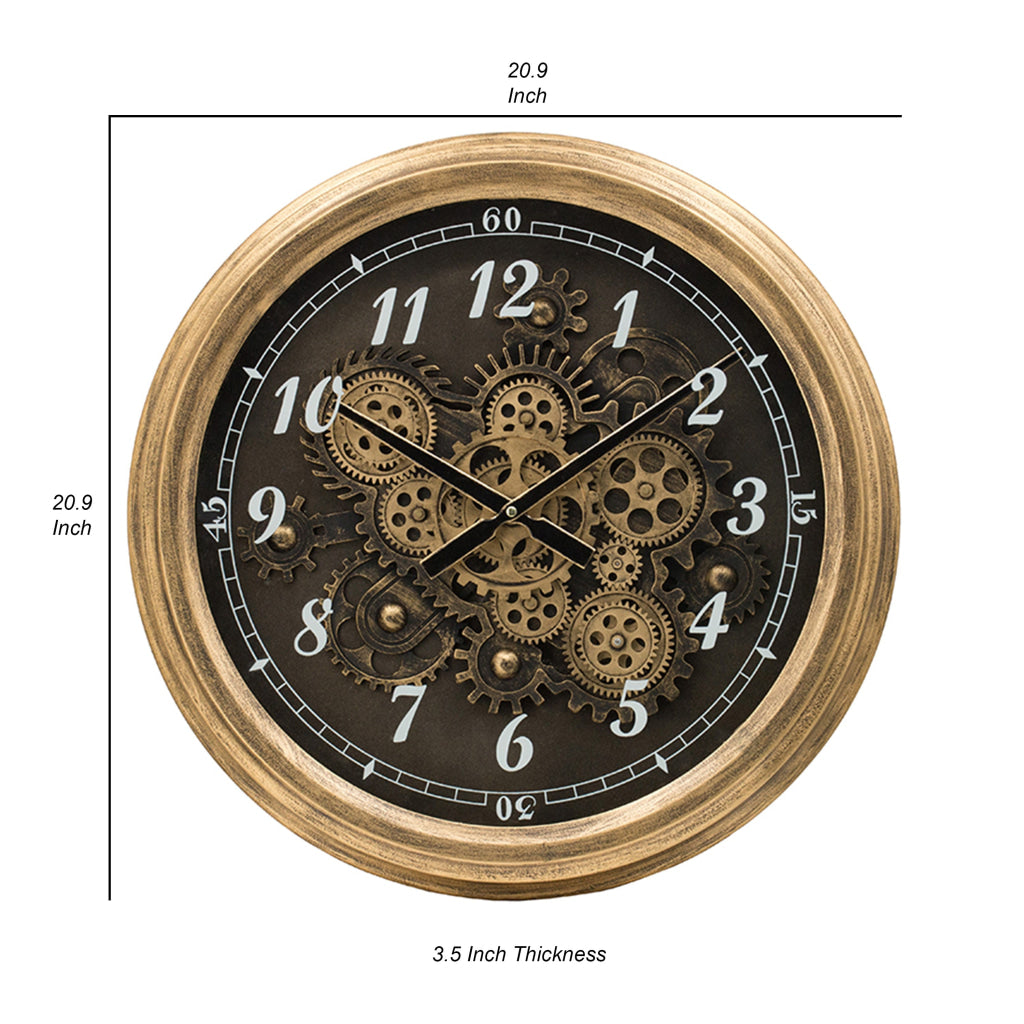 21 Inch Round Wall Clock Gear Design Numbered Analog Gold Bronze Iron By Casagear Home BM312767