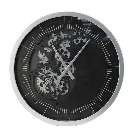 Reny 23 Inch Wall Clock, Decorative Gear Design, Round, Silver, Black Iron By Casagear Home