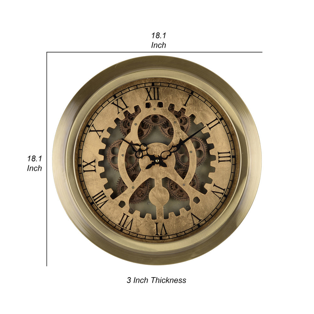 Reny 18 Inch Round Wall Clock Gear Design Roman Analog Gold Bronze By Casagear Home BM312785