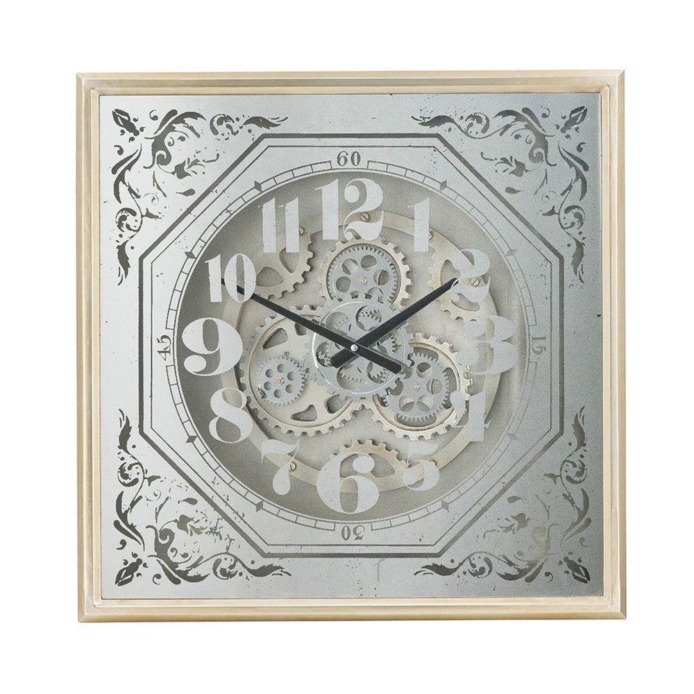 Viry 24 Inch Square Wall Clock, Analog Gear Design, Black White Iron Finish By Casagear Home