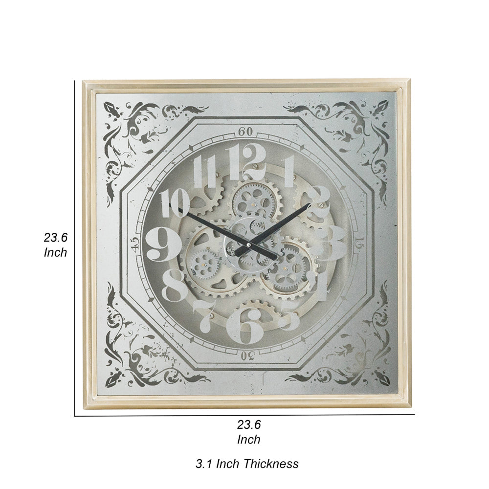 Viry 24 Inch Square Wall Clock Analog Gear Design Black White Iron Finish By Casagear Home BM312786