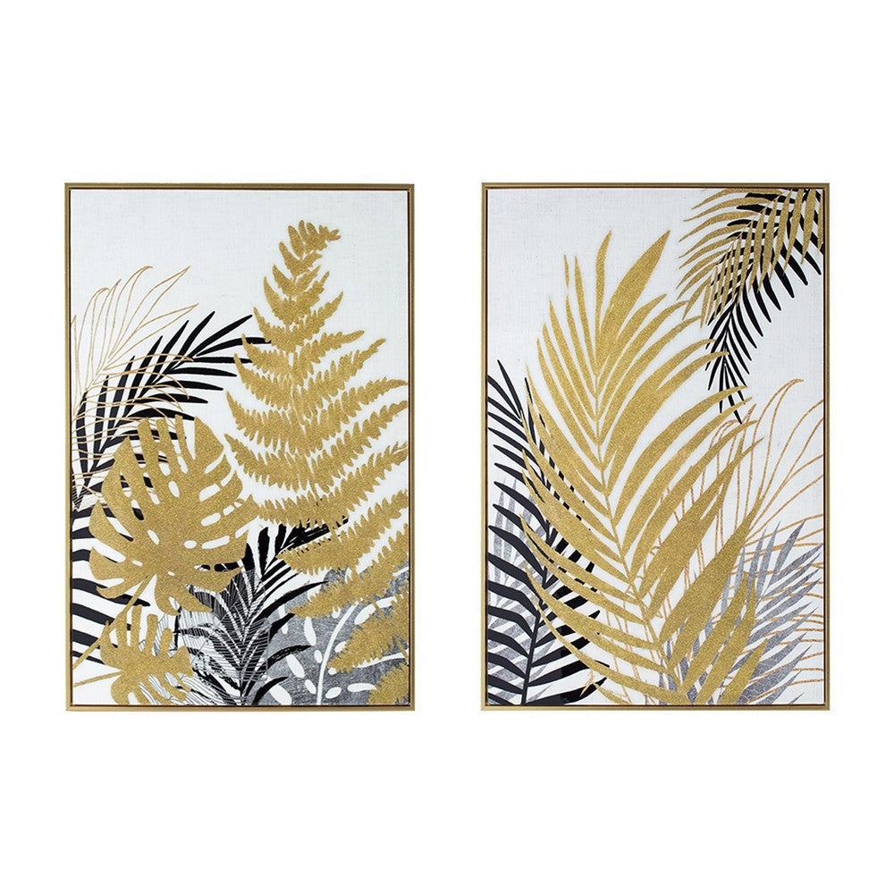 Nir 23 x 35 Set of 2 Palm Leaf Wall Art Frame Decor Black Gold Gray Wood By Casagear Home BM312787