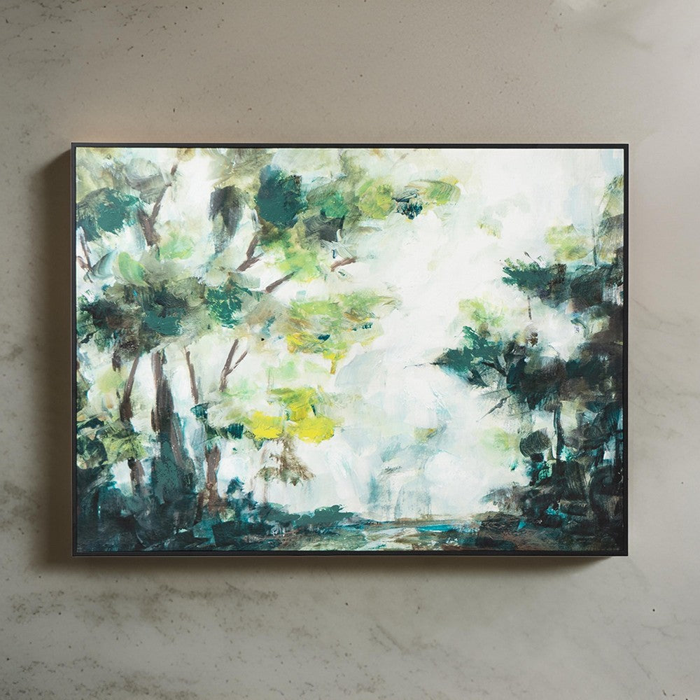 35 x 47 Framed Wall Art, Forest Watercolor Landscape, Modern Green, White By Casagear Home