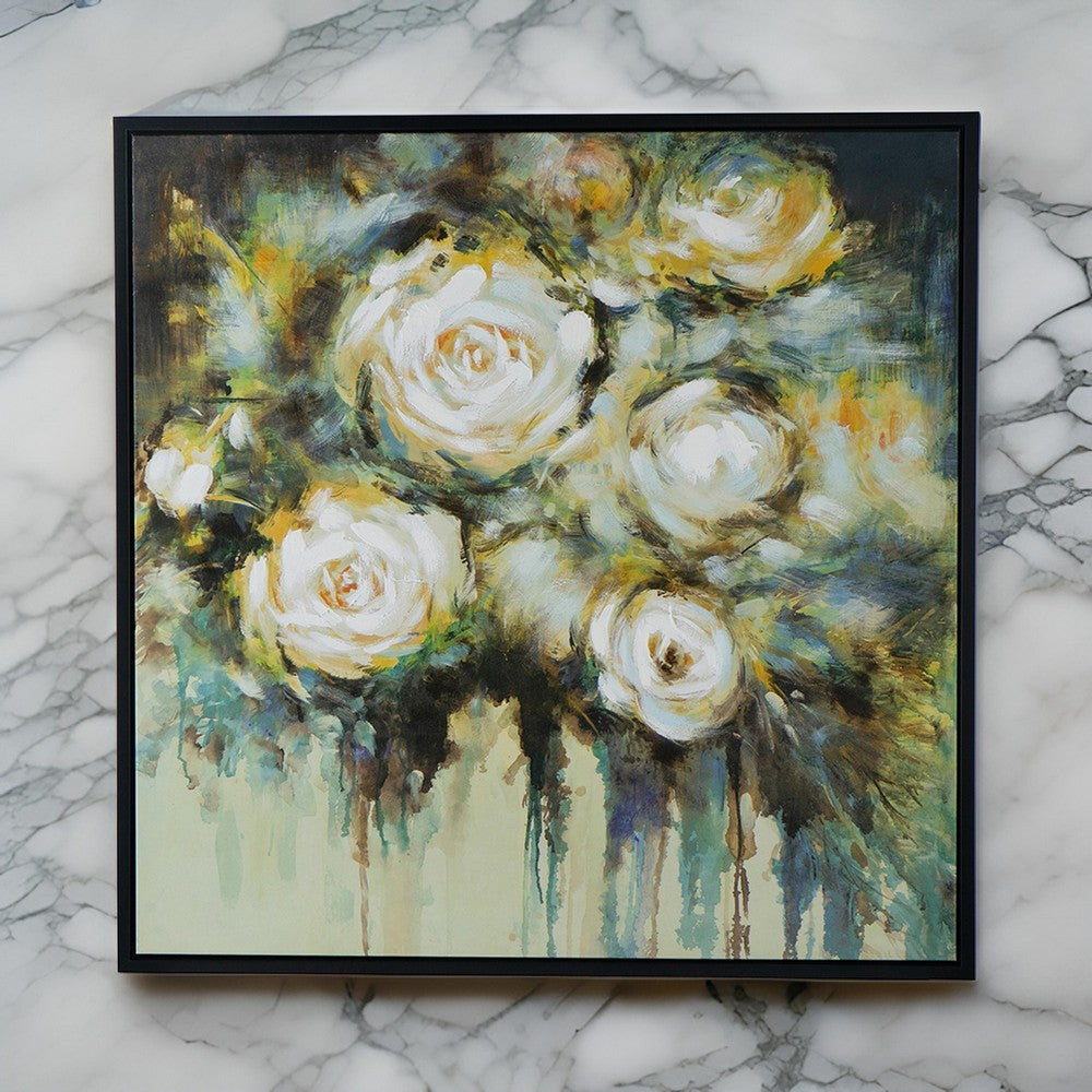 39 x 39 Framed Wall Art, Dreamy Floral Hand Painting, Black, Green, White By Casagear Home