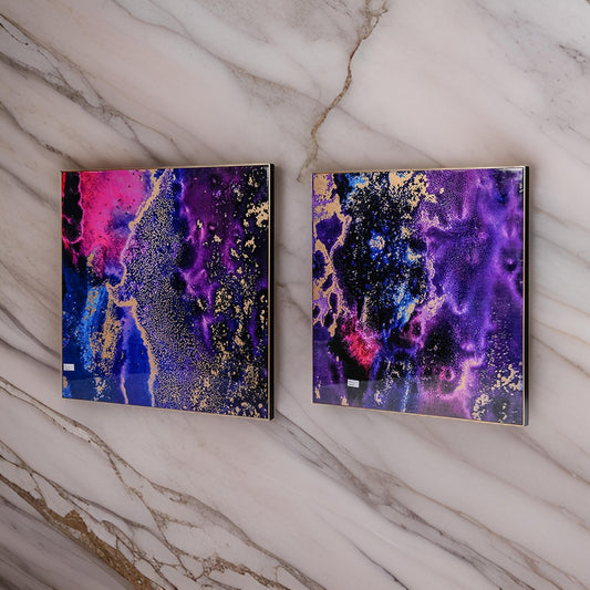 35 x 35 Set of 2 Framed Wall Art Prints, Gold Pink Purple Abstract Painting By Casagear Home