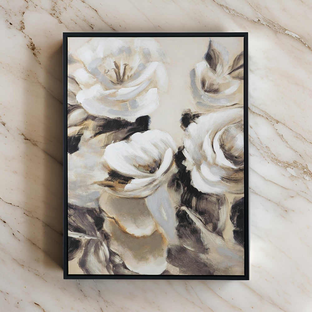 35 x 47 Framed Wall Art, Flower Print, Modern Style, Beige, Black, White By Casagear Home