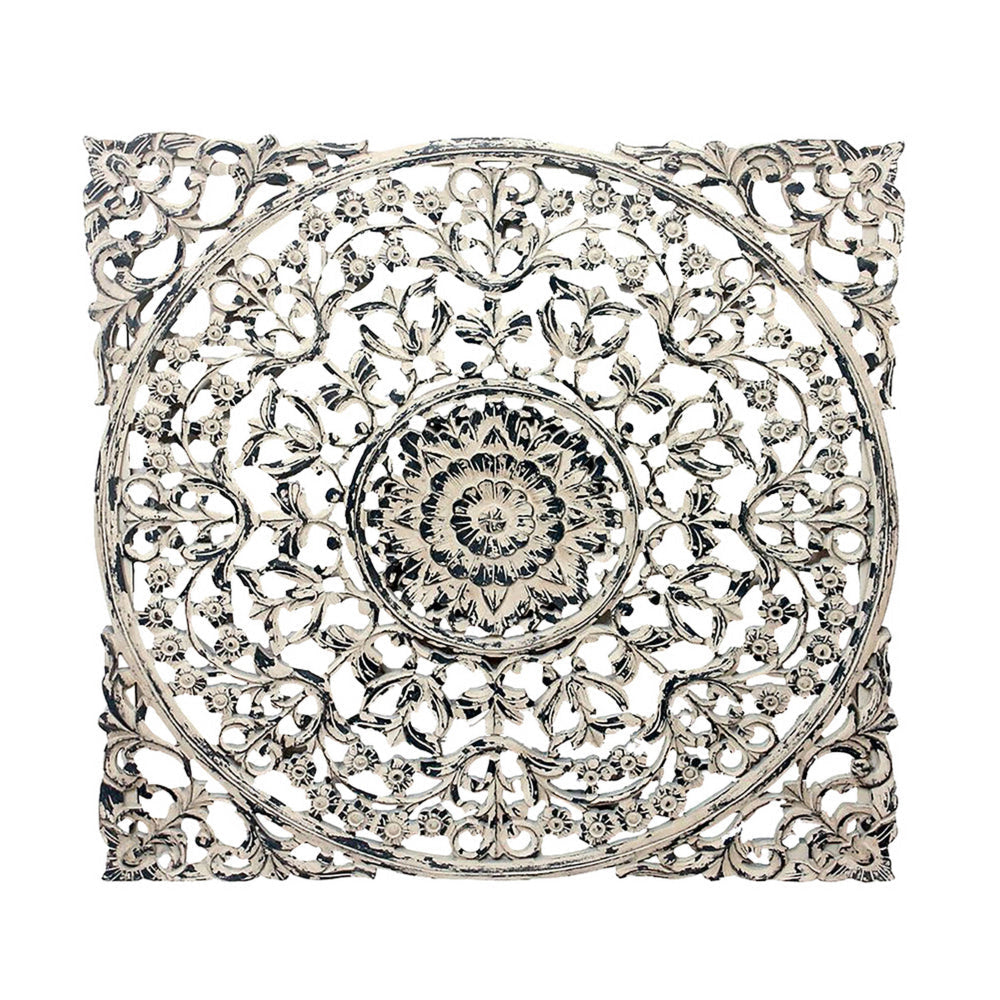 36 x 36 Decorative Wood Wall Panel Intricate Carved Design Silver Finish By Casagear Home BM312810