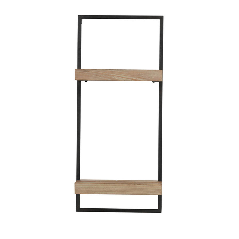 Yin 27 Inch Wall Shelf with 2 Tiers Rectangular Black Iron Brown Wood By Casagear Home BM312819