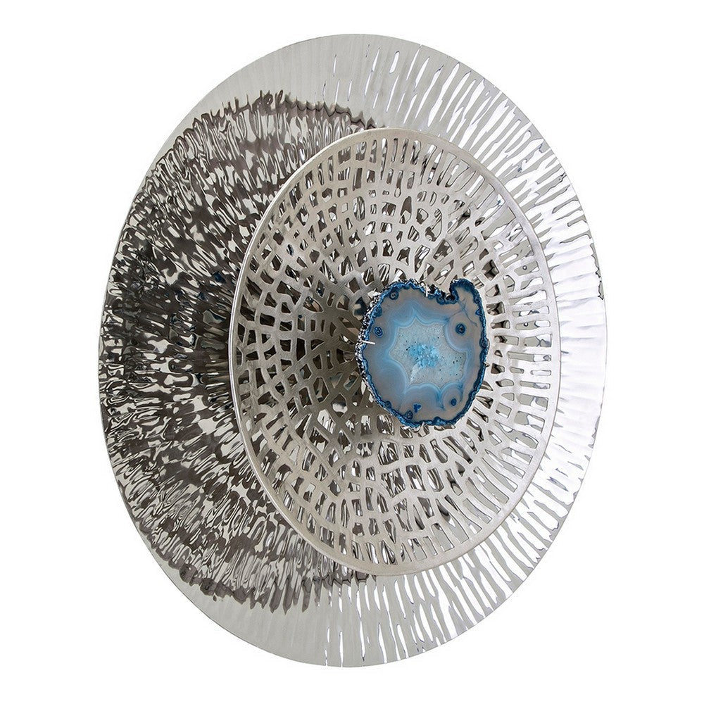 Set of 3 Decorative Wall Art Discs Textured Silver Steel Blue Agate By Casagear Home BM312825