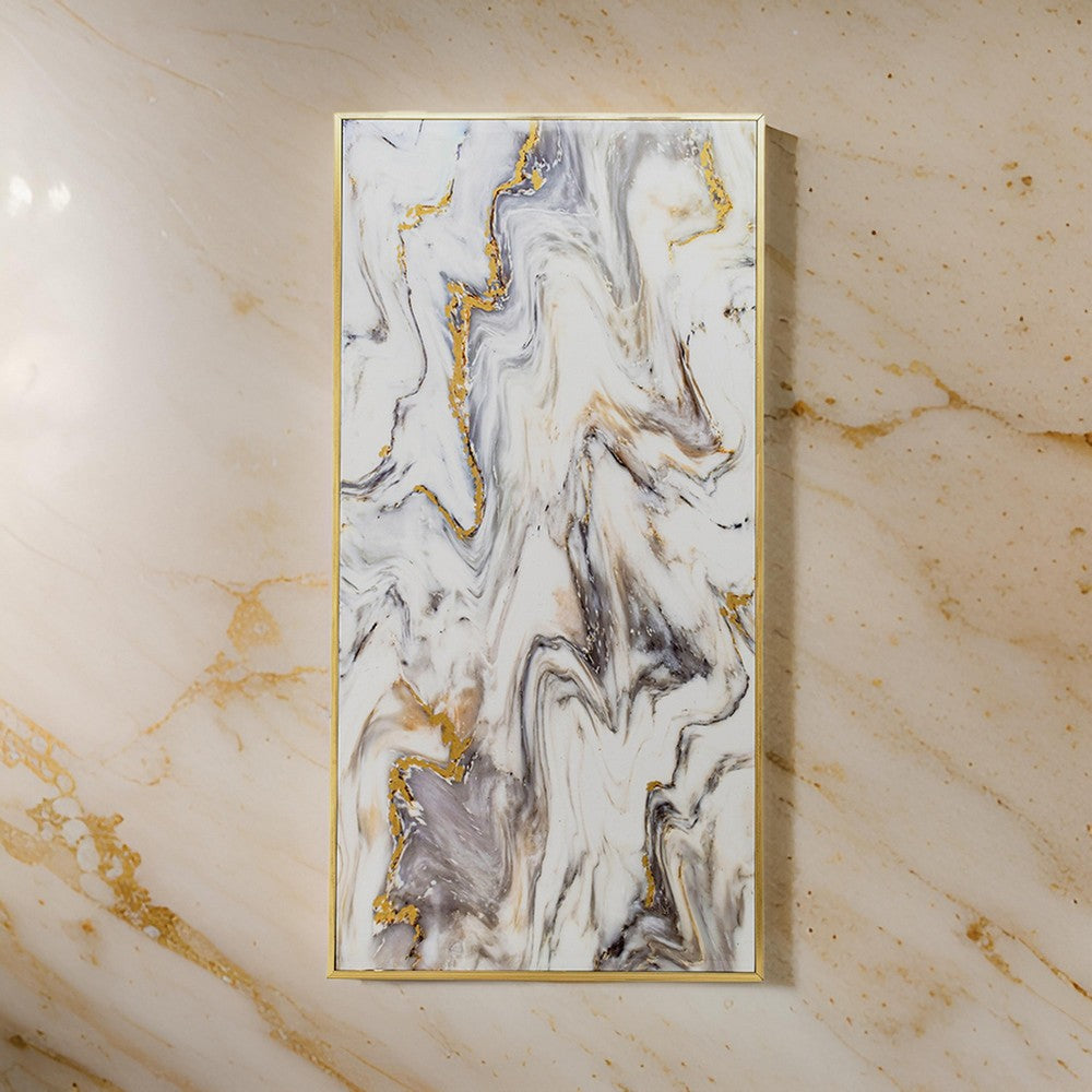 47 Inch Marble Pattern Wall Art, Abstract, Rectangular, White, Gray Finish By Casagear Home