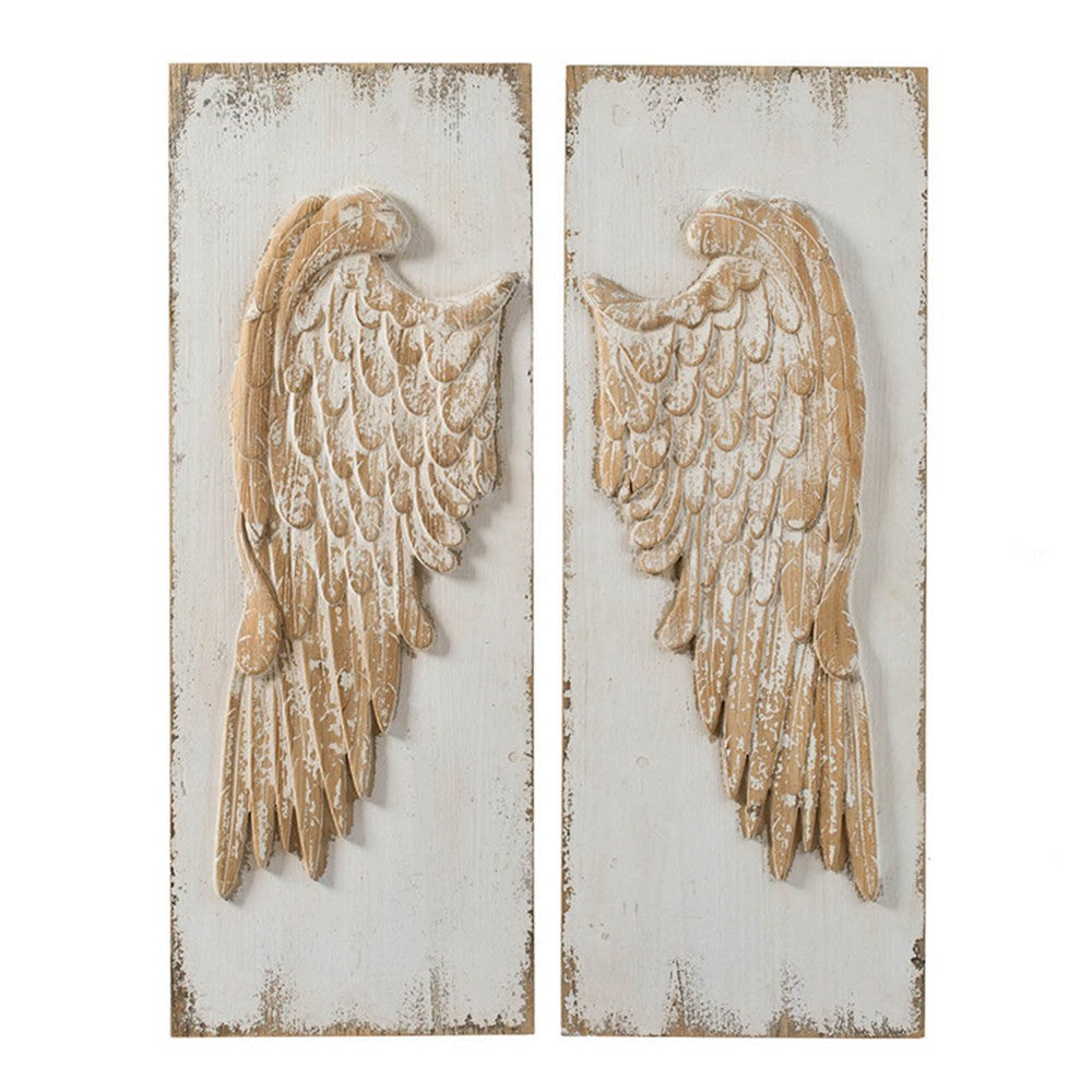 42 Inch Wood Wing Wall Art Decor Set of 2 Fir Wood Frame White and Beige By Casagear Home BM312830