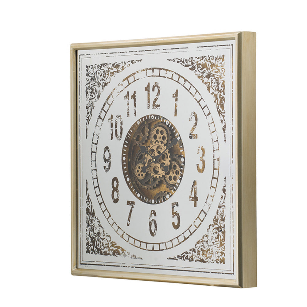 32 Inch Wall Clock Decorative Gear Design Square Iron White and Brown By Casagear Home BM312842