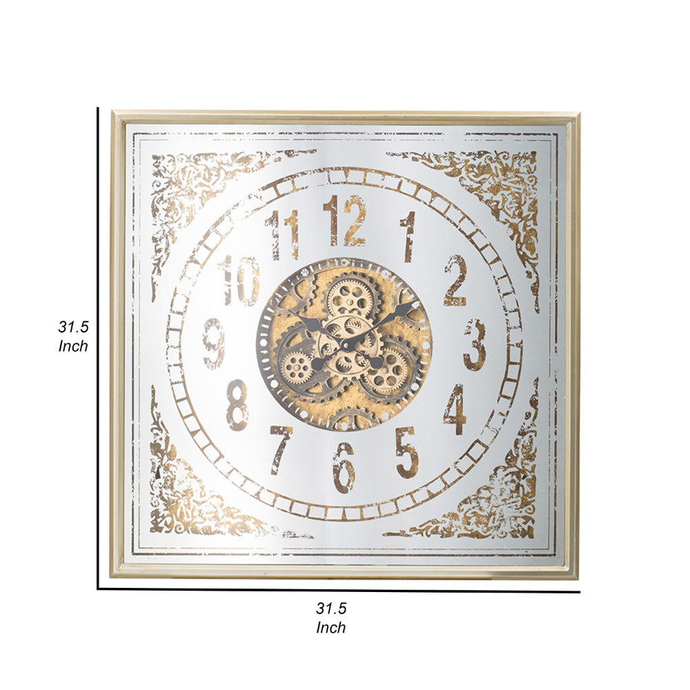 32 Inch Wall Clock Decorative Gear Design Square Iron White and Brown By Casagear Home BM312842