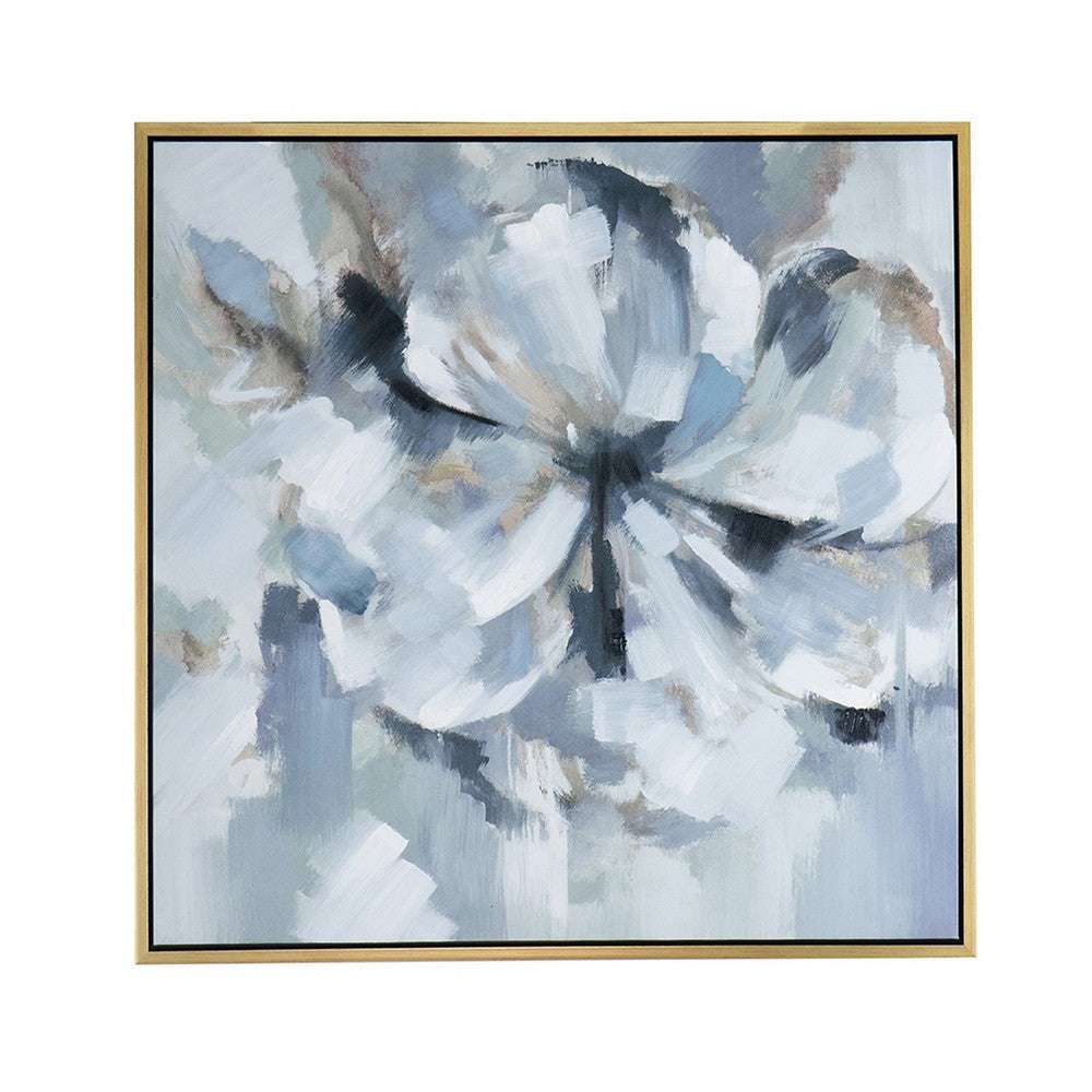 39 x 39 Square Wall Art Oil Painting Flower Motif Gray and Blue Canvas By Casagear Home BM312853