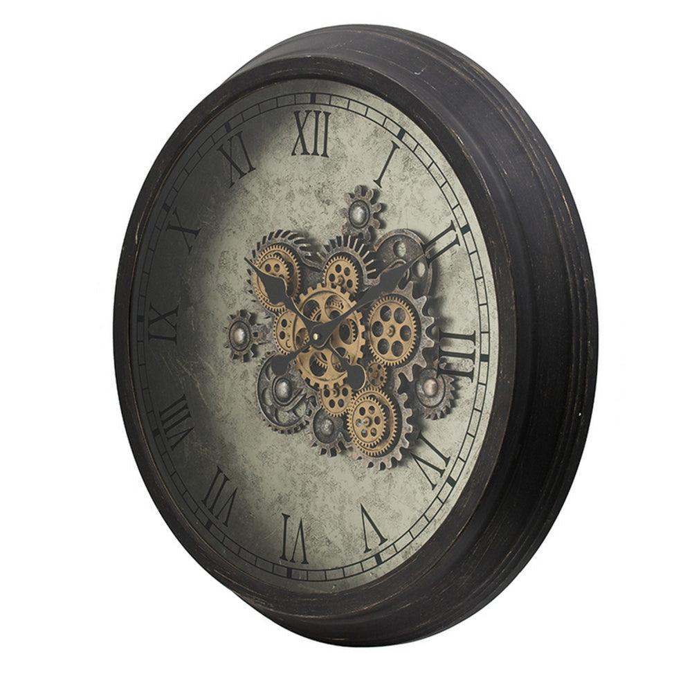 28 Inch Wall Clock Round Vintage Gear Design Gold and Dark Brown Finish By Casagear Home BM312855