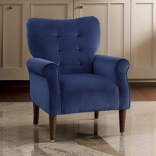 Kylie 32 Inch Accent Chair Armchair, Tufted Navy Blue Velvet, Solid Wood By Casagear Home