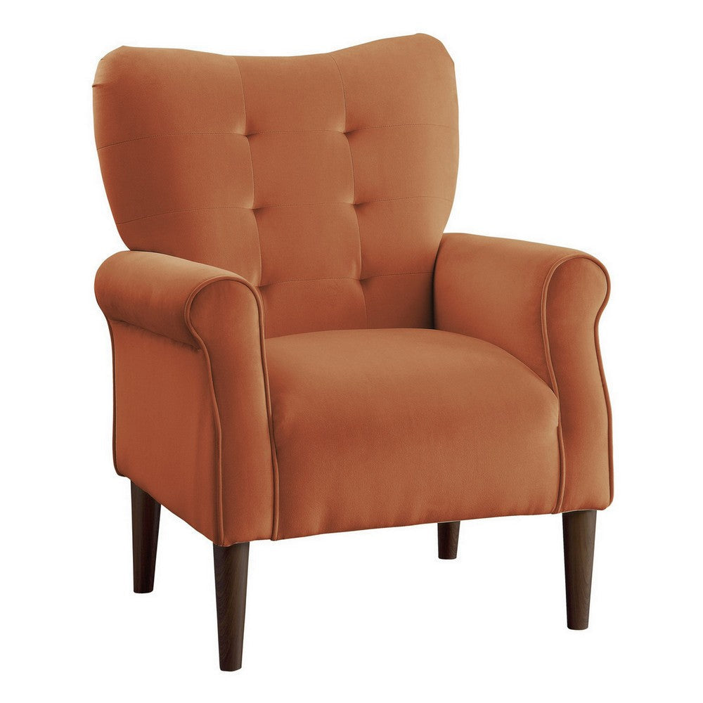 Kylie 32 Inch Accent Chair Armchair Tufted Orange Velvet Brown Solid Wood By Casagear Home BM313084