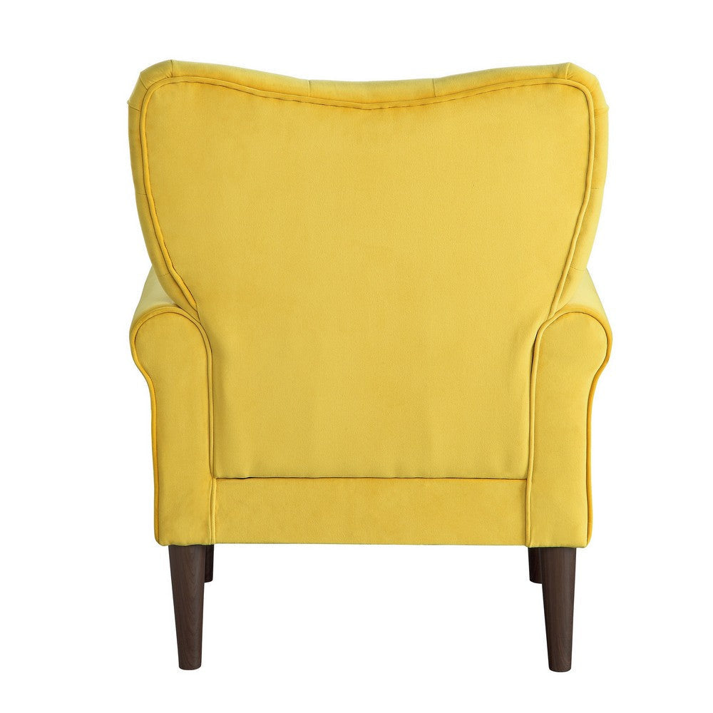 Kylie 32 Inch Accent Chair Armchair Tufted Yellow Velvet Brown Solid Wood By Casagear Home BM313085