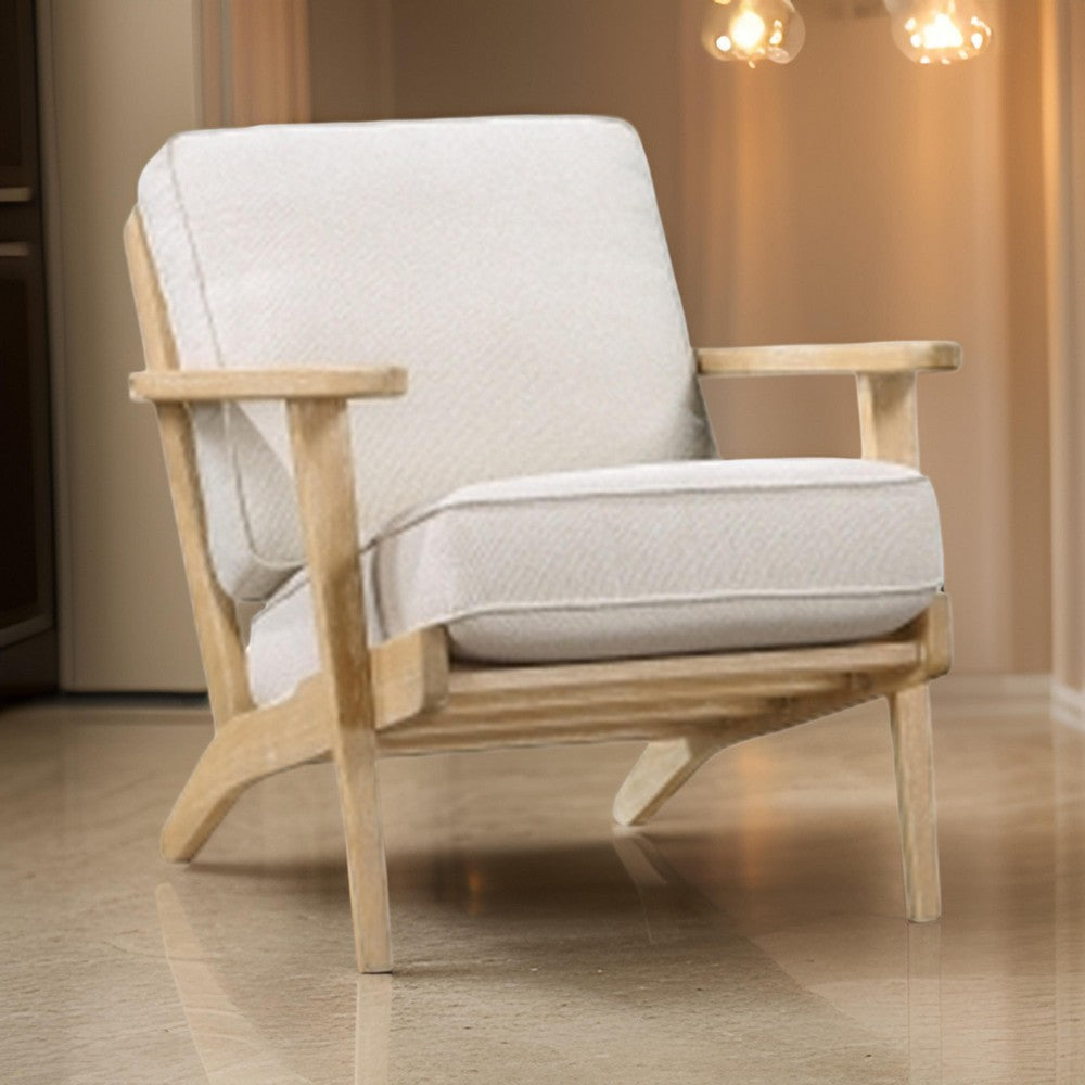 36 Inch Accent Chair Armchair, Beige Chenille, Weathered Solid Rubberwood By Casagear Home