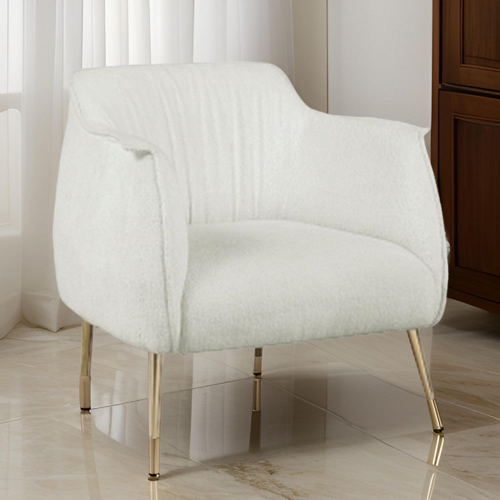 33 Inch Accent Chair Armchair, Soft White Boucle, Gold Metal, Solid Wood By Casagear Home