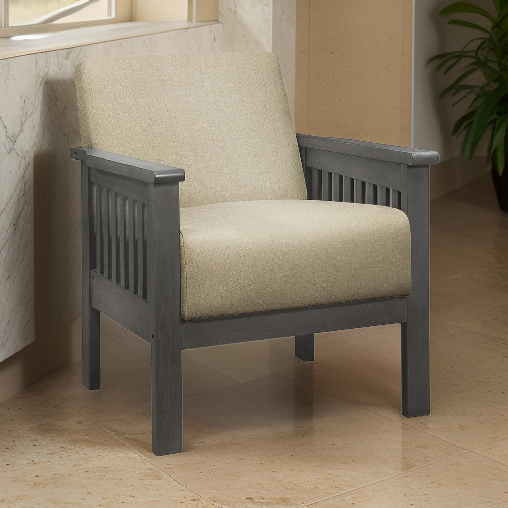 Wiston 31 Inch Accent Chair Armchair, Beige Polyester, Dark Gray Solid Wood By Casagear Home