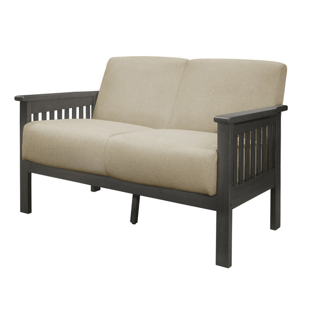 Wiston 50 Inch Loveseat Beige Polyester Dark Gray Solid Rubberwood By Casagear Home BM313117