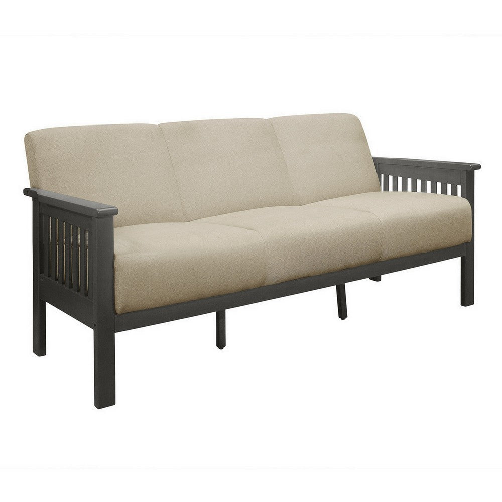 Wiston 72 Inch Sofa, Soft Beige Polyester, Dark Gray Solid Rubberwood By Casagear Home