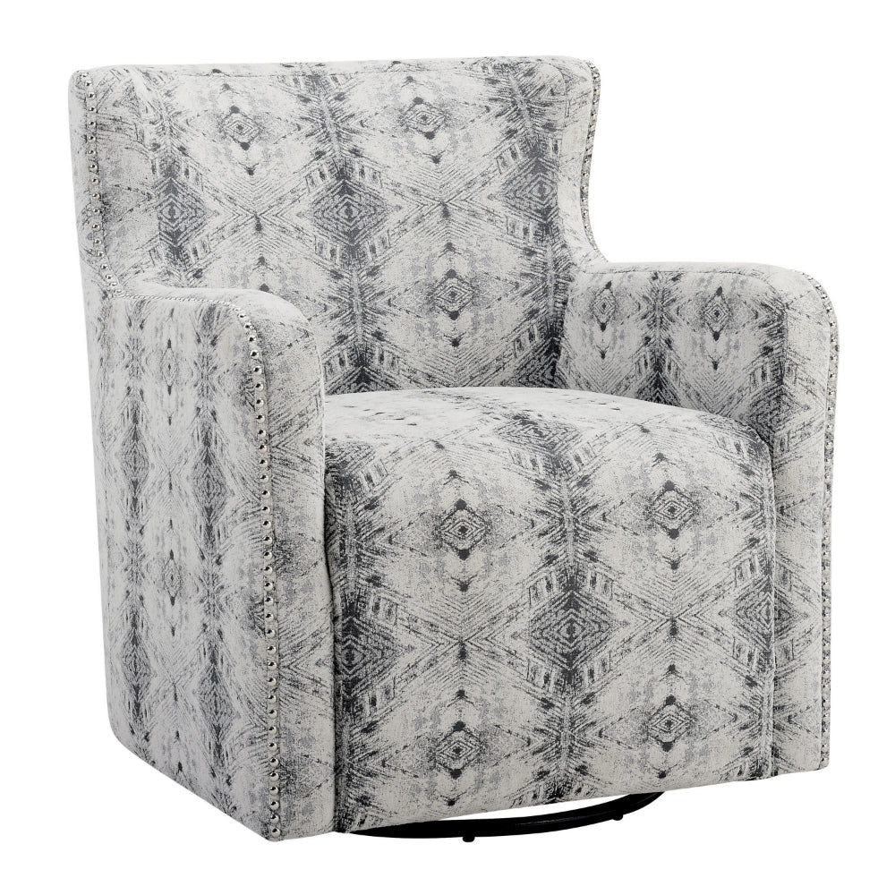 32 Inch Swivel Accent Chair, Gray Black Patterned Polyester, Solid Wood By Casagear Home